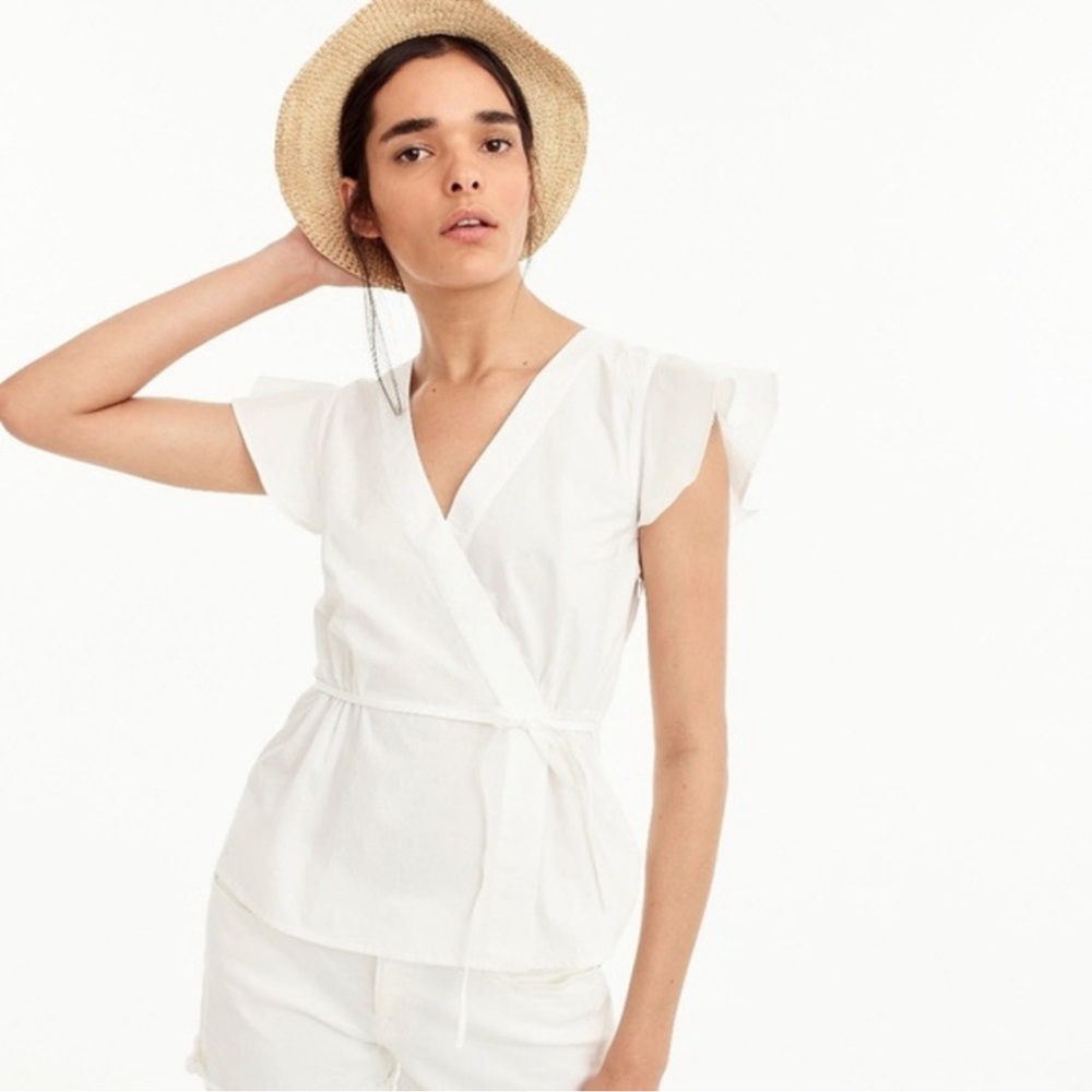 J CREW White Poplin Flutter-Sleeve Wrap Top - J3968 - Sz 0